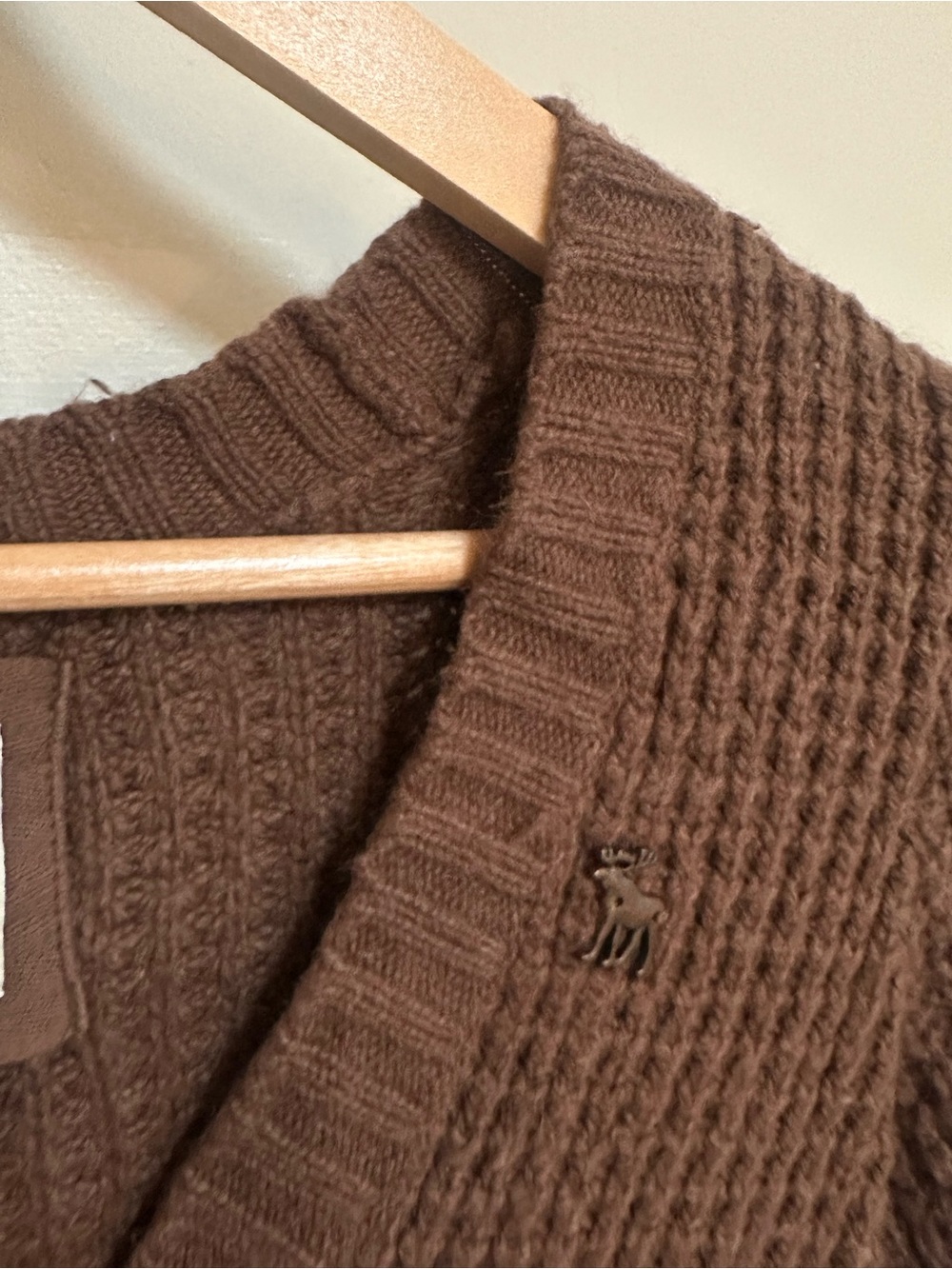 2000s Abercrombie Size L Brown Waffle Knit Tie Waist Cardigan Y2K moose - Picture 6 of 7